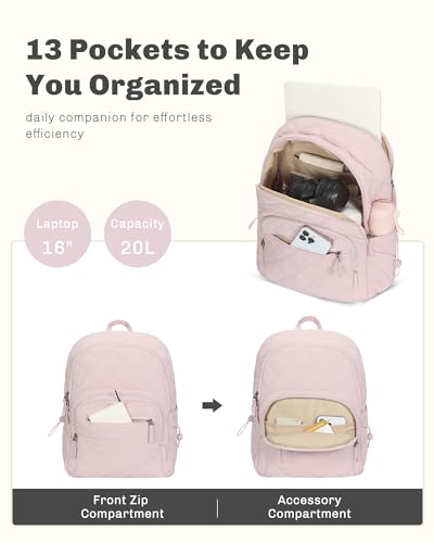 Hynes Eagle Travel Laptop Backpack Quilted College Backpack for Women Puffer Casual Daypack Personal Item Bag for 16 Inch Light Pink - color: Light Pink