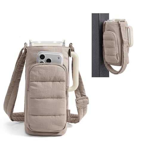 BAGSMART 40oz Water Bottle Holder with Strap, Quilted Crossbody Purse Drink Carrier, Gym Accessories for Women - color: Camel, size: 40oz Magnetic