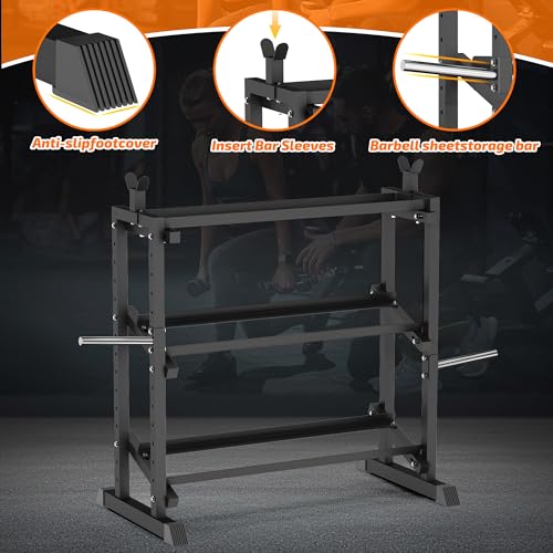 PLKOW Adjustable 3-Tier Dumbbell Rack with Barbell & Weight Plate Storage for Home Gym, Heavy Duty Steel Weight Rack Stand, Angle Height Width Adjustable Gym Organizer - color: Jet Black
