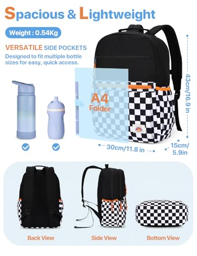 VASCHY School Backpack, Lightweight Classic Cute Aesthetic Bookbag Daypack for Teen Boys Girls Traveling/Gym/Middle School Black Plaid - color: Black Plaid-l, size: Large-17in