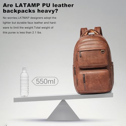 LATMAP Vegan Leather Backpack 17Inch Laptop Backpack for Women Travel Brown | Large capacity, laptop compartment, water-resistant, easy to wipe clean, TSA-friendly, with luggage strap & pickpocket-proof - color: Brown