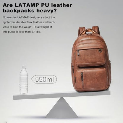 LATMAP Vegan Leather Backpack 17Inch Laptop Backpack for Women Travel Brown | Large capacity, laptop compartment, water-resistant, easy to wipe clean, TSA-friendly, with luggage strap & pickpocket-proof - color: Brown