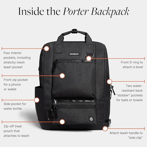 Cleverpup Porter 2-in-1 Dog Gear Backpack – Premium Dog Travel Bag with 10 Pockets, Zip-Off Treat Pouch, Leash Clip, Waterproof Pockets & Water Bottle Holder – Weekend, Hiking, Camping, Graphite - color: Graphite