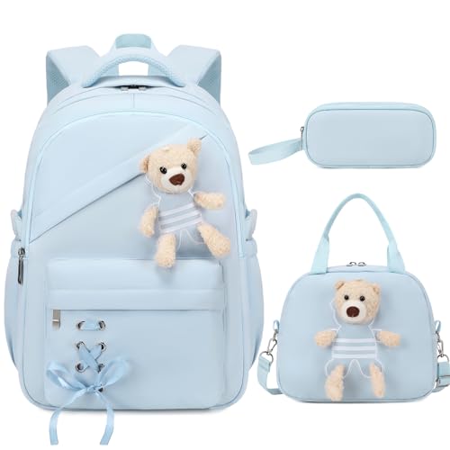 ACESAK School Backpack for Girls - 3 PCS Cute Girls Backpack with Lunch Box & Pencil Case - Kawaii Casual Kids Bookbag School Bag Daypacks Set for Elementary Middle High School Student Teens (Blue) - color: Blue