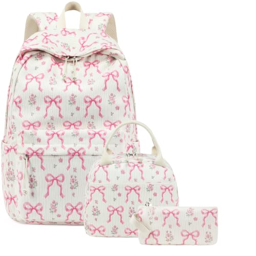 BTOOP School Backpacks for Teen Girls Bookbags Lightweight Kids Backpack School Bags Set with Lunch Box Pencil Case - color: Pink Bow Beige-285