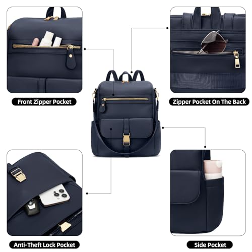 KKXIU Backpack Purse for Women - Multi-pocket Leather backpack for Travel, Work & School with Anti-Theft Lock Pocket, Luggage Strap & Water Bottle Pockets - 13x14x5.2 Inch (Navy) - color: Navy