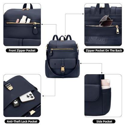 KKXIU Backpack Purse for Women - Multi-pocket Leather backpack for Travel, Work & School with Anti-Theft Lock Pocket, Luggage Strap & Water Bottle Pockets - 13x14x5.2 Inch (Navy) - color: Navy