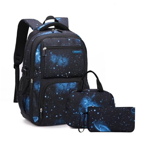 MITOWERMI Boys Backpacks for Primary Junior School Kids Backpack with Lunch Box Galaxy Space Bookbags for Boys Girls - color: #01 Black-blue Galaxy, style: 3 Pcs Set Backpack