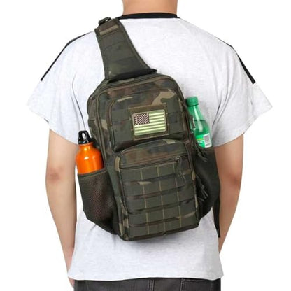 Rover Sling Pack Tactical Shoulder Sling Bag Backpack with Bottle Holder Crossbody Chest Bag, Woodland - color: Woodland