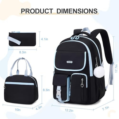 DIGOBAY Backpacks for Girls, 3PCS School Backpack with Lunch Box Pencil Pouch for Teen Girls Kids Elementary Primary Middle High College Travel School bag Bookbag Set （Black Blue） - color: Black Blue