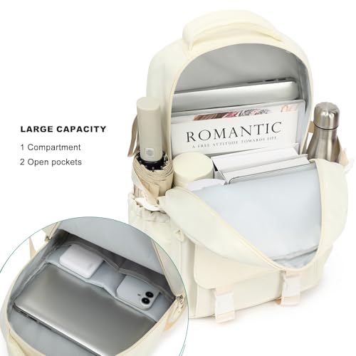 Kids High Middle School Backpack for Girls 5-12 Kawaii Travel Aesthetic Bookbag,Beige - color: Beige