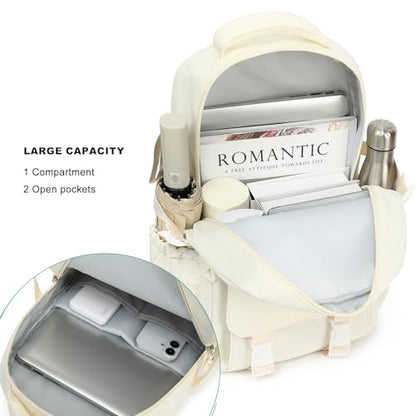 Kids High Middle School Backpack for Girls 5-12 Kawaii Travel Aesthetic Bookbag,Beige - color: Beige
