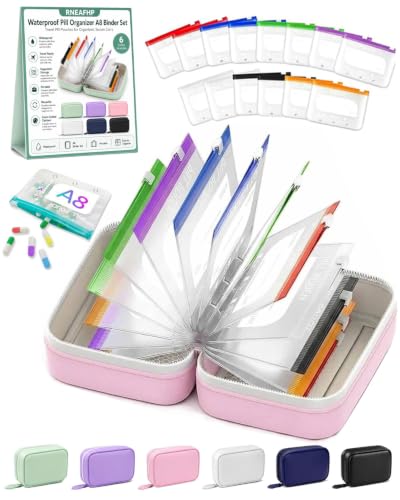 Waterproof Pill Organizer A8 Binder Set Pill Pouches for Travel 14PCS Bags Inside Large Zippered Pouch Bpa-Free Weekly Medicine Air Tight Pocket Color-Coded Reusable Travel Storage System - color: Pink