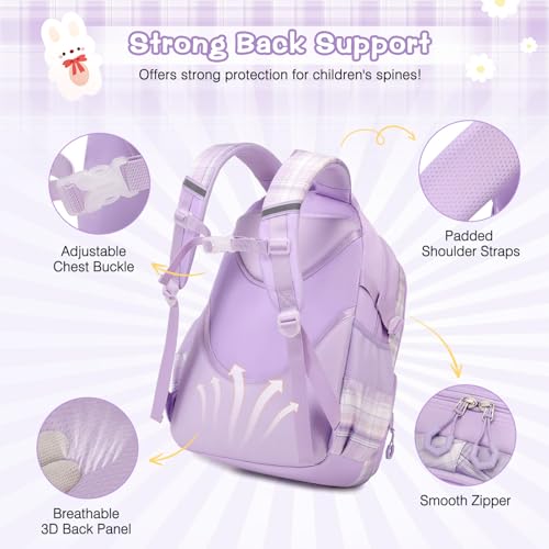 3PCS School Backpack for Girls, Girls Backpack with Lunch Box, Pencil Case, Cute Kawaii Plaid Book Bag for Teen Girl Kindergarten Elementary Preschool Middle High School, Purple - color: Purple