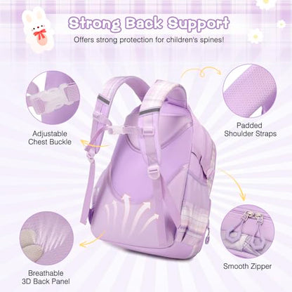 3PCS School Backpack for Girls, Girls Backpack with Lunch Box, Pencil Case, Cute Kawaii Plaid Book Bag for Teen Girl Kindergarten Elementary Preschool Middle High School, Purple - color: Purple