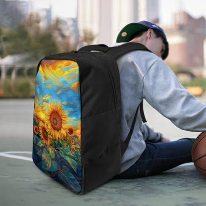 18.5in Basketball Backpack Basketball Bag with Shoe Compartment & Ball Holder, Waterproof Bag for Soccer Volleyball - color: Oil Painting Sunflower Print