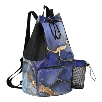 Drawstring Backpacks Sports Gym Bag With Water Bottle Pocket Cinch Back Sack Waterproof Marble Royal Blue Gray - color: Color 2