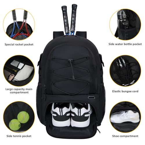 Goloni Tennis Backpack, Tennis Bag with Fence Hook & Ventilated Shoe Compartment, Holds 2 Tennis Rackets - color: Black