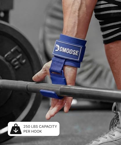 DMoose Fitness Weight Lifting Hooks (Pair) for Deadlifts, Pull Ups, Rows & Shrugs - Anti-Rip Nylon Strap Hand Grips with Thick Wrist Padding - Heavy Duty Wrist Straps for Weightlifting & Gym Workouts - color: All Blue
