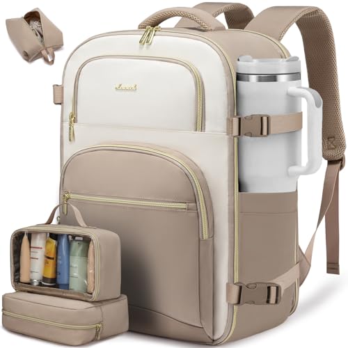 LOVEVOOK Travel Essentials Carry on Backpack 50L Travels Backpack for Women,Waterproof TSA Personal Item Travels Bag Airline Flight Approved,Large Carry on Luggage Laptop Backpack with Packing Cubes - color: Khaki - Beige White - Light Mud, size: X-Large-