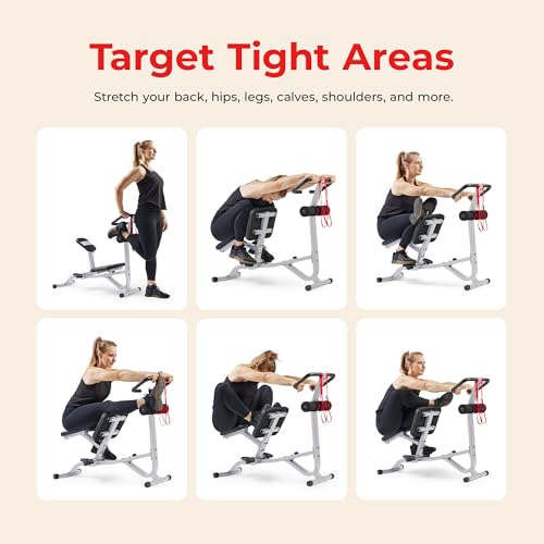 Sunny Health & Fitness Full Body Stretch Machine for Home Gym, Back Stretcher & Flexibility Trainer with Pivoting Seat, Foam Rollers, Safety Straps, Handlebar & SunnyFit App - color: Gray