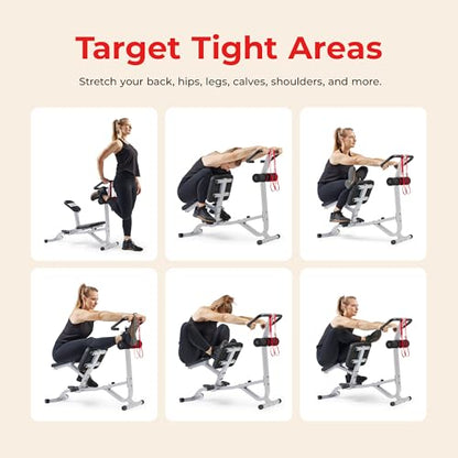 Sunny Health & Fitness Full Body Stretch Machine for Home Gym, Back Stretcher & Flexibility Trainer with Pivoting Seat, Foam Rollers, Safety Straps, Handlebar & SunnyFit App - color: Gray