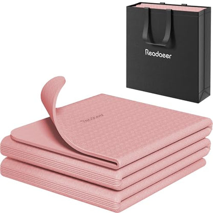 Readaeer Foldable Yoga Mat for Travel Folding Yoga Mat 6mm Thick with Carrying Bag, Non-Slip TPE Exercise Pilates Mat for 72" L x 24" W x 0.24 Inch - color: Pink