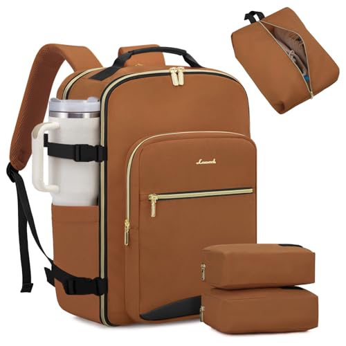LOVEVOOK 40L Large Travel Backpack for Women Men, 17 Inch Carry on Backpack for Traveling on Airplane, Personal Item Travel Bag Airline Approved, Business Causal Weekender Backpack, Brown Yellow-Black - color: Brown Yellow-black, size: 40L-17.3 Inch-4Pcs