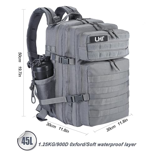 LHI Military Tactical Backpack for Men and Women 45L Army 3 Days Assault Pack Bag Large Rucksack with Molle System - Grey - color: Grey