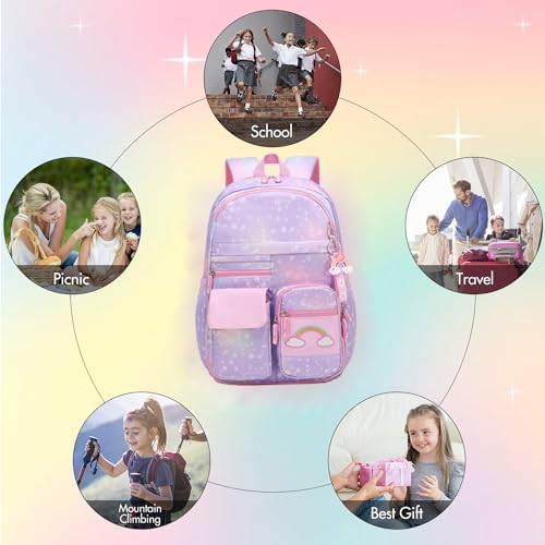 School Backpack for Girls Rainbow Backpack Cute Backpack for Back to School Laptop Travel Bag With pencil Case for Travel Camping Hiking (Purple Set) - color: Purple Set