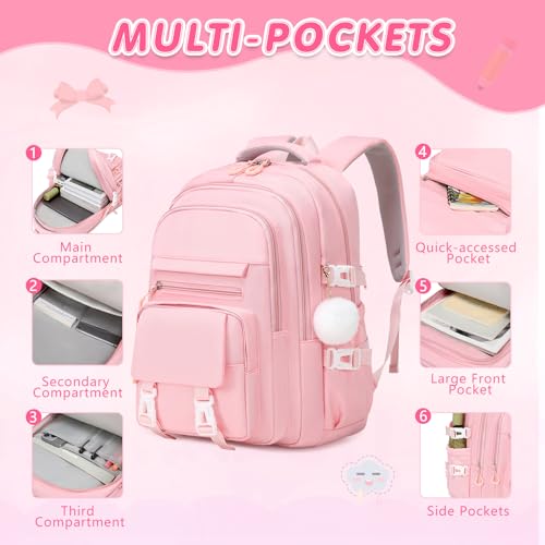 GeeWin Girls Backpack, 15.6" Laptop Backpack Schoolbag for Girls Teens Kid Children Elementary Middle School Student, Waterproof Stylish Girl Bookbag with Insulated Lunch Bag & Pencil Bag (Pink) - color: Pink Buckle