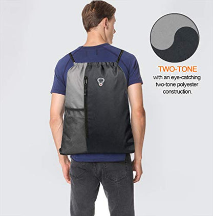 BeeGreem Grey Sport Bag Drawstring Backpack String Bag For Men Women Gym Backpack With Water Bottle Mesh Pockets And Two Zipper Pockets 16" x 20" - color: Black/Grey, style: Drawstring With Mesh Pocket
