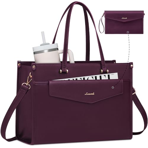LOVEVOOK Laptop Bag for Women, 15.6'' Laptop Tote Purse 2-in-1 Professional Work Bag Business Briefcase with Clutch Purse, Waterproof Leather Computer Handbag for Teacher Office Travel - color: Dark Purple, size: 15.6 inch