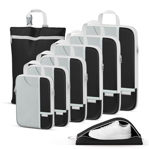 Percover Compression Packing Cubes for Travel, 8-Piece Structured Compression Organizer Set with Laundry Bag & Shoe Bag for Carry-On & Checked Luggage, Black - color: Black, size: 8 Set