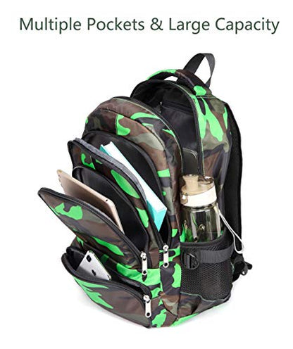 BLUEFAIRY Kids Backpacks for Boys Girls 17 Inch Elementary Primary Middle School Bookbags with Laptop Compartment Back to School Bags for Childs Age 6-8 Mochilas Escolares para Niños Niñas Camo Green - color: Black/Green
