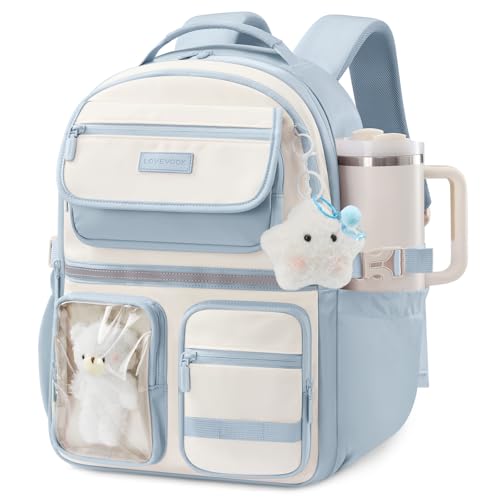 LOVEVOOK School Backpack for Girls, Cute Bookbag for Teen 8-16, DIY Friendly 15.6" Laptop Backpack for Middle High College Student Back to School, Bag with Water Bottle Pocket for Travel, Blue - color: Blue