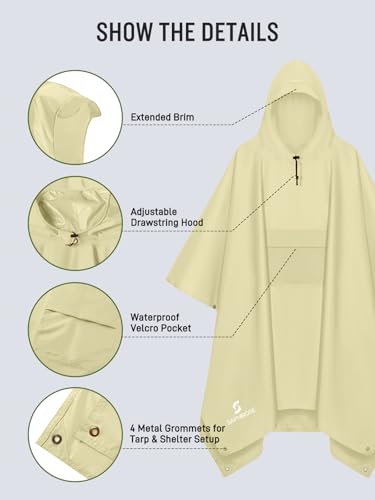 SaphiRose Extra Thick Hooded Rain Poncho Double Layer Waterproof Raincoat Jacket for Men Women Adults - color: Beige