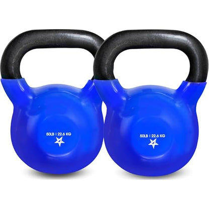 Yes4All Kettlebell, 5-100 LB Vinyl Coated Cast Iron Strength Training Kettlebells for Home Gym Exercises, Fitness, Full Body Workout Equipment, Push Ups, and Grip Strength - color: K. 50LB - Dark Blue, style: Vinyl Coated - Pair