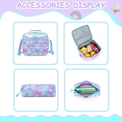 Meetbelify Mermaid Backpack for Girls School Backpack with Lunch Box for Elementary Student Cute School Bag Kids Bookbag for Girls 8-10 - color: Mermaid