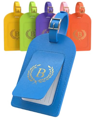 Luggage Tags for Suitcases 6 Pack PU Leather Travel Bag Tags with Privacy Cover & Stainless Steel Buckle, Vegan Leather Name ID Labels for Travel Bags, Cruise, Airline, Backpack, Baggage Identifier(B) - style: B
