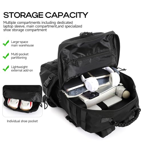 35L Tactical Backpack with Shoe Compartment & Molle Admin Pouch Combo – 1000D Water Resistant Military Backpack for Laptop 15.6” + Laser Cut EDC Tool Organizer Bag – Outdoor Hiking Gym Assault
