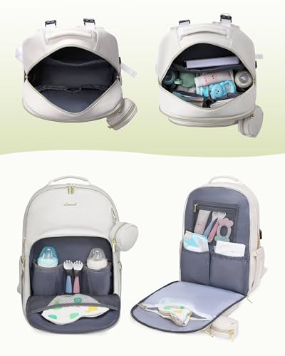 LOVEVOOK Leather Diaper Bag Backpack, Quilted Baby Bag with Changing Pad & Pacifier Holder, Waterproof Travel Diaper Bags for Baby Boys Girls, Stylish and Large Capacity, Beige - color: Beige