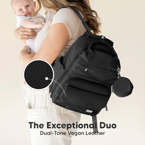 KeaBabies Diaper Bag Backpack - Small Multifunctional Travel Diaper Back Packs, Maternity Baby Changing Bags, 12L Capacity, PU Leather, Waterproof, Unisex, Nappy Changing Pad (Trendy Black, Small) - color: Trendy Black, style: Small / 13" H