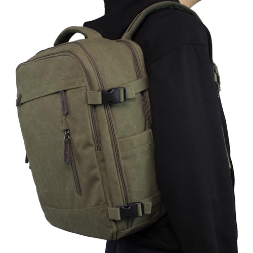 KAUKKO Thick Canvas Travel Backpack, Flight Approved Carry On Backpack with Shoe Pouch and 15.6 inch Laptop Compartment, 40L Luggage Casual Daypack Weekender Bag 10-ARMYGREEN - color: 10-armygreen