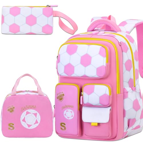 3PCS Kids Backpack Set, School Backpack with Lunch Bag & Pencil Case, Lightweight Waterproof Bookbag for Kids (Pink soccer) - color: Pink Soccer