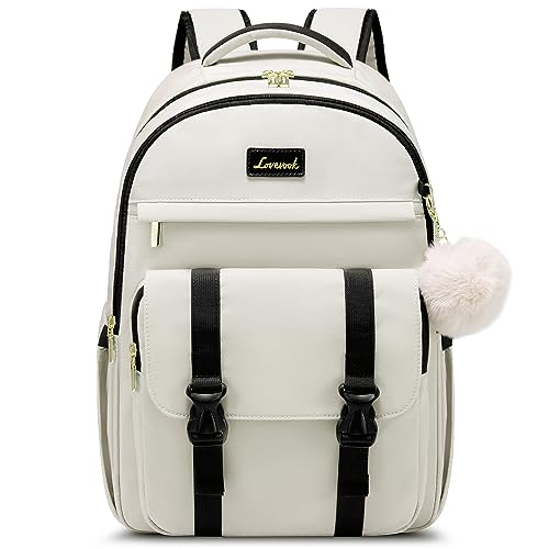 LOVEVOOK School Backpack for Teen Girls, Student Backpack Purse for 14-16 Teenage, Cute Kid Bookbag, Back to School Backpacks Fit 15.6 Inch Laptop, Large College Travel Bag, Beige-Black - color: Beige-black
