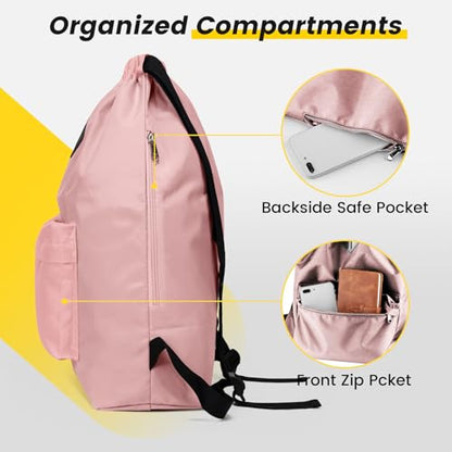 Vorspack Drawstring Backpack Water Resistant String Bag Sports Gym Sack with Side Pocket for Men Women - color: Pink