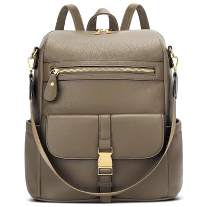 KKXIU Backpack Purse for Women - Multi-pocket Leather backpack for Travel, Work & School with Anti-Theft Lock Pocket, Luggage Strap & Water Bottle Pockets - 13x14x5.2 Inch, 1.67lb (Khaki) - color: Khaki