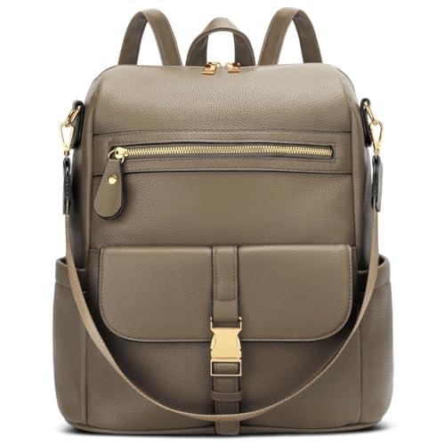 KKXIU Backpack Purse for Women - Multi-pocket Leather backpack for Travel, Work & School with Anti-Theft Lock Pocket, Luggage Strap & Water Bottle Pockets - 13x14x5.2 Inch, 1.67lb (Khaki) - color: Khaki