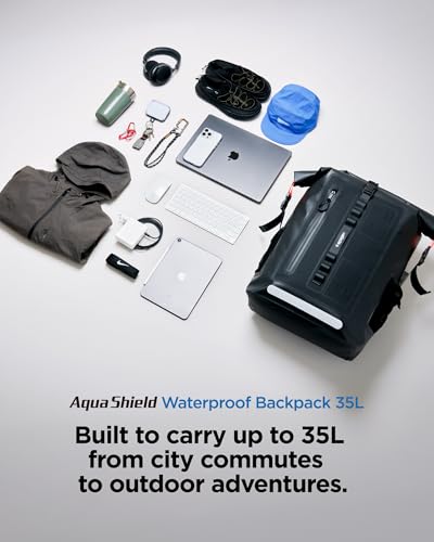 Spigen for Waterproof Backpack IPX6, 35L Roll Top Travel Rucksack Fits up to 16 Inch Laptop, Multi-Compartment Bag Ventilated Back, Chest Strap Hiking, Camping, Swimming, Canoeing, Fishing - color: Black (A650 35L)
